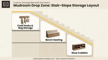 Three-tier vertical mudroom drop zone layout under staircase