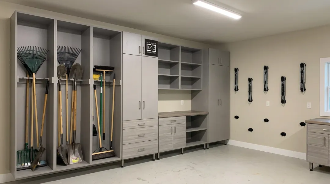 Custom garage cabinet system with vertical tool storage bays