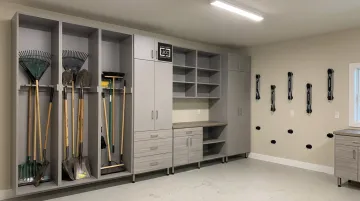 Custom garage cabinet system with vertical tool storage bays