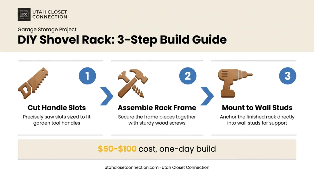 3-step DIY shovel rack build process from cutting to mounting