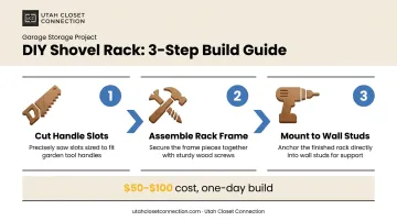 3-step DIY shovel rack build process from cutting to mounting