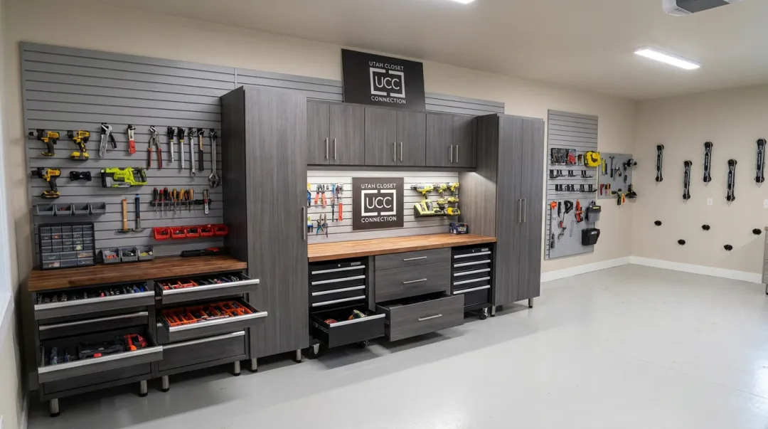Custom garage workbench and cabinet system installed by Utah Closet Connection