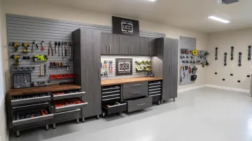 Custom garage workbench and cabinet system installed by Utah Closet Connection