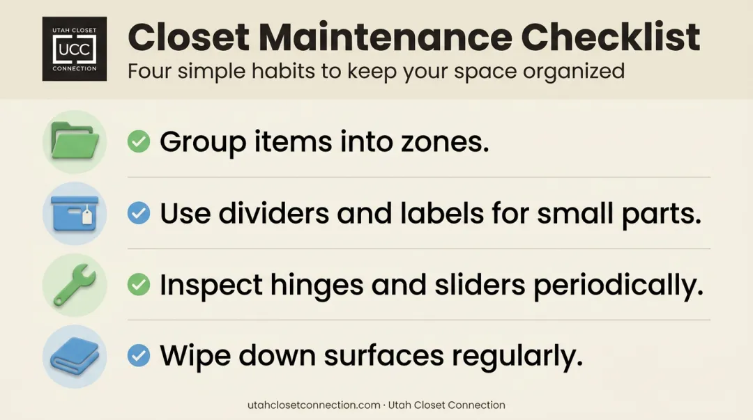 Four garage cabinet organization and maintenance habits checklist