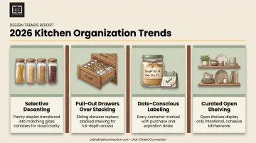 Four 2026 kitchen organization trends including decanting pull-outs and labeling