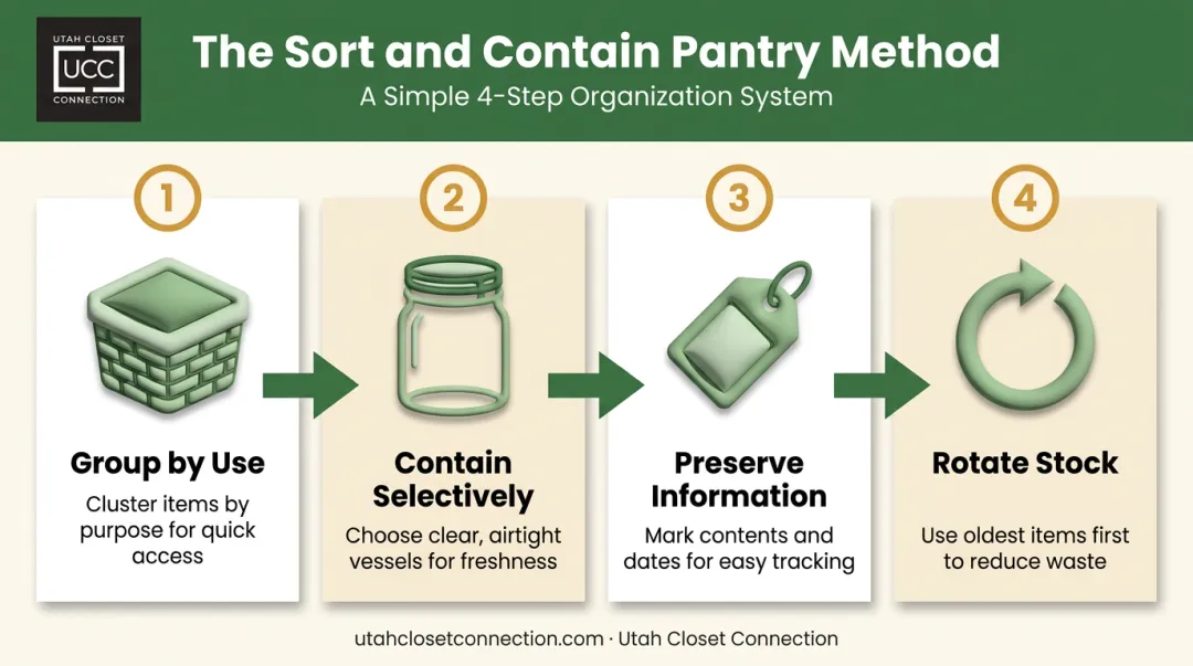 Sort and contain pantry organization method shown as four-step process flow