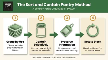 Sort and contain pantry organization method shown as four-step process flow