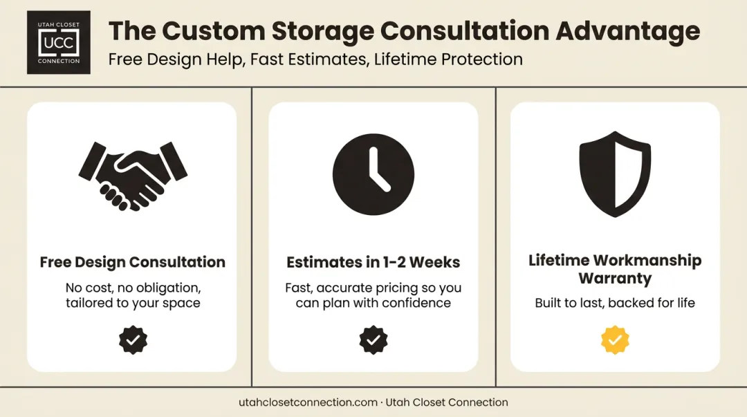 Three benefits of custom kitchen storage consultation including warranty and fast estimates