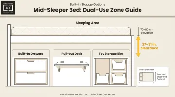 Mid-sleeper bed vertical storage zones diagram showing dual-use floor footprint