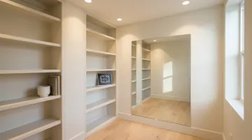 Small box room interior with light walls mirrors and layered lighting feeling spacious