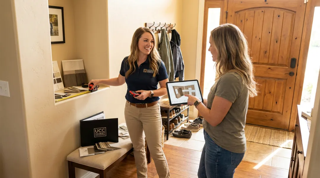 Utah Closet Connection designer measuring a client entryway for custom mudroom cabinetry