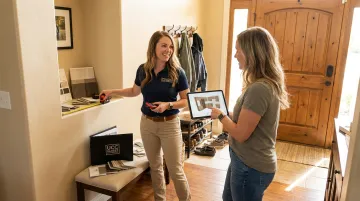 Utah Closet Connection designer measuring a client entryway for custom mudroom cabinetry