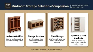 Comparison of four mudroom cabinet types: lockers, benches, shoe storage, open-closed