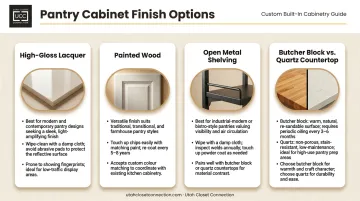Pantry cabinet finish options comparison high-gloss painted wood and open metal shelving