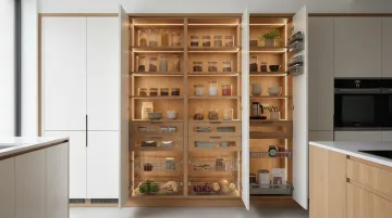 Tall built-in pantry cabinet with pull-out drawers and adjustable shelving