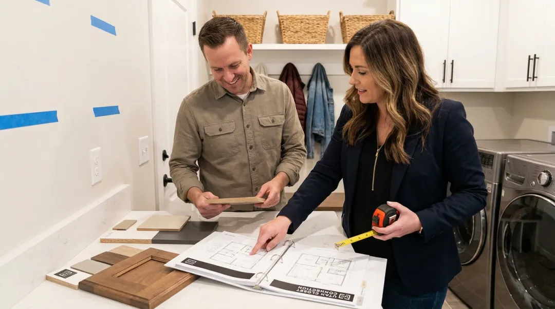 Utah Closet Connection designer consulting with homeowner on custom cabinetry