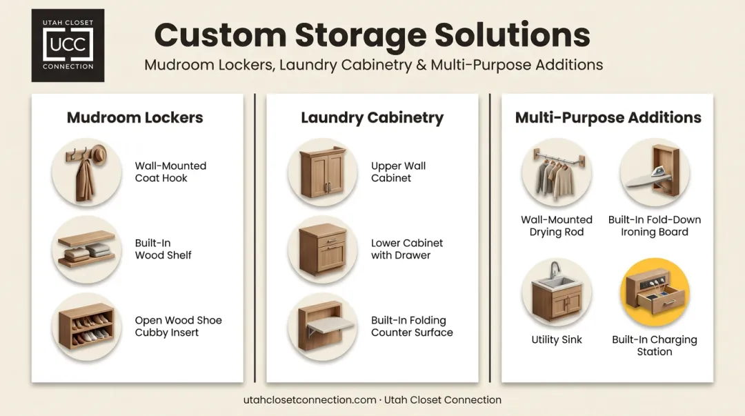 Types of mudroom and laundry cabinet storage systems overview
