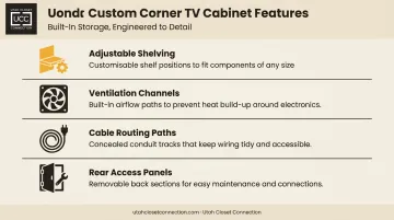 Four custom built-in corner TV cabinet storage features illustrated infographic