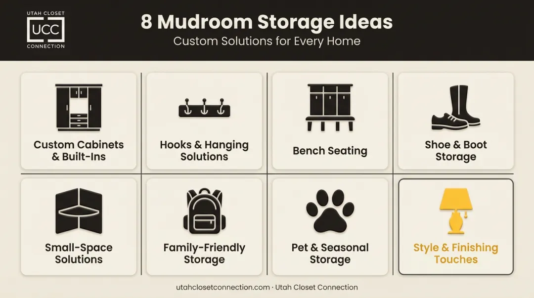 Eight mudroom storage categories infographic covering cabinets hooks and benches