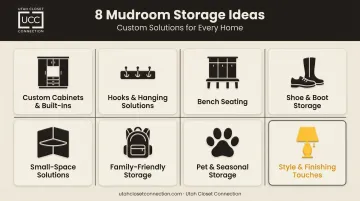 Eight mudroom storage categories infographic covering cabinets hooks and benches