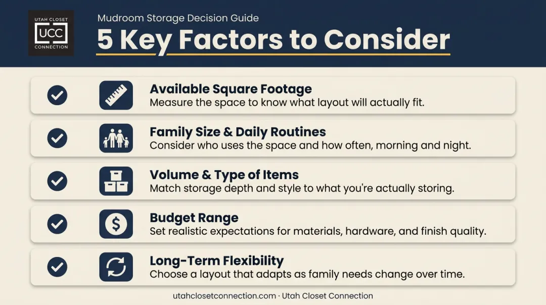 Five factors for choosing the right mudroom storage layout checklist