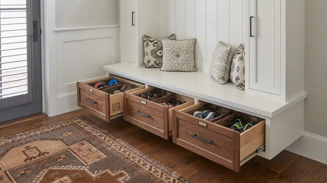 Custom floating mudroom bench with hidden storage in small entryway