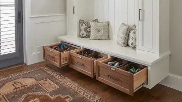 Custom floating mudroom bench with hidden storage in small entryway