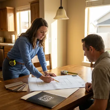 Designer reviewing custom storage plans with homeowner