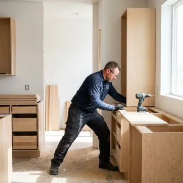 Cabinet installer fitting custom kitchen cabinets