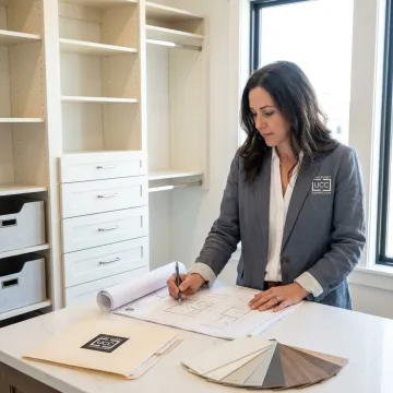 Designer reviewing custom cabinet plans in organized storage space