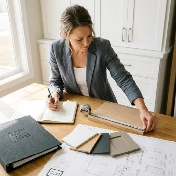 Designer reviewing custom cabinet plans