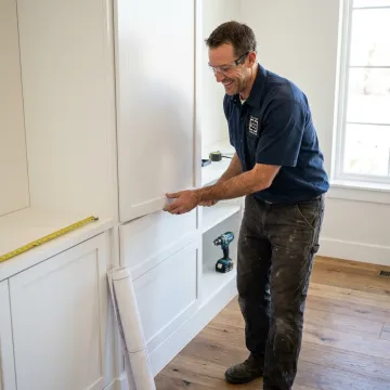 Installer fitting custom built-in home office cabinets