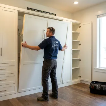 Installer fitting a custom Murphy bed into built-in cabinetry
