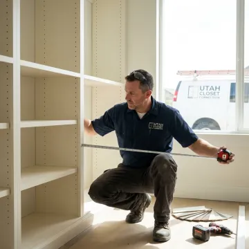 Cabinet installer measuring a custom built-in unit