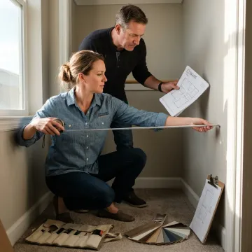 Designer reviewing custom closet plans with homeowner