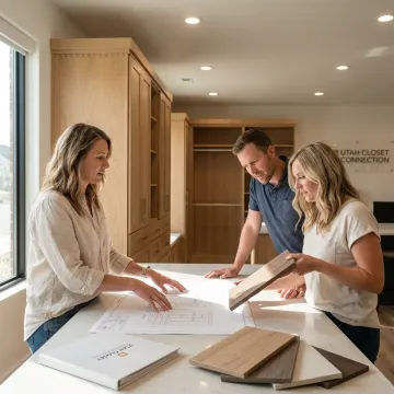 Designer reviewing custom cabinet plans with homeowners