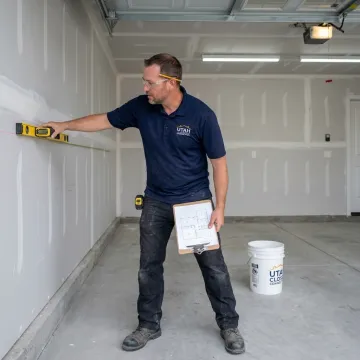 Installer measuring garage wall for custom storage