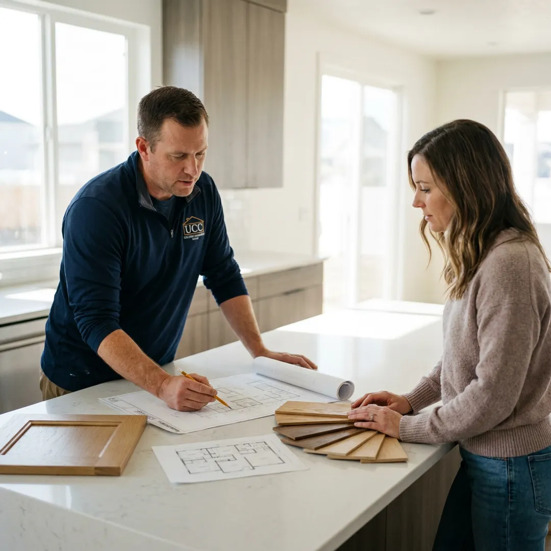 Designer reviewing custom kitchen cabinet plans