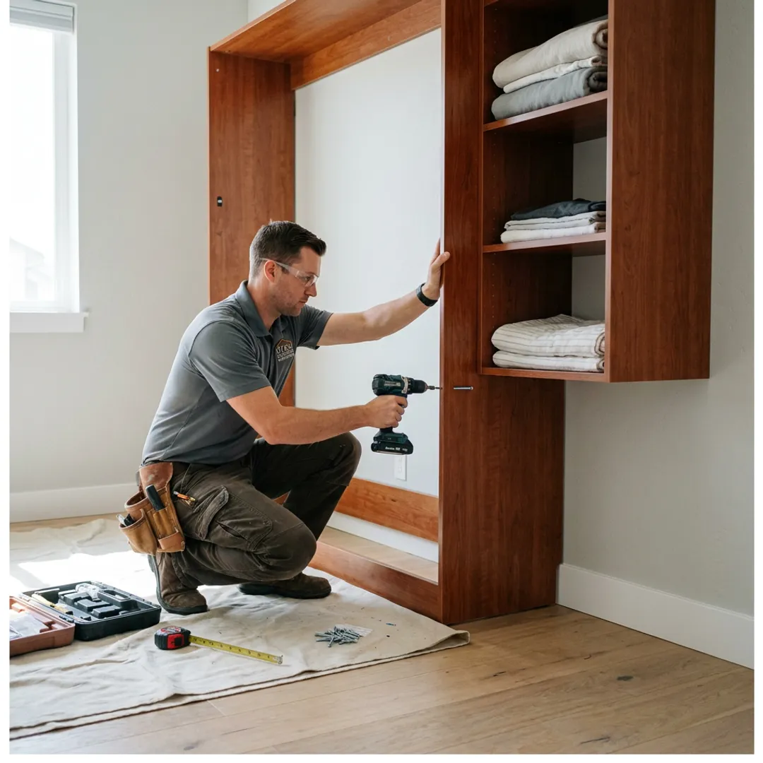 Installer fitting a custom Murphy bed cabinet