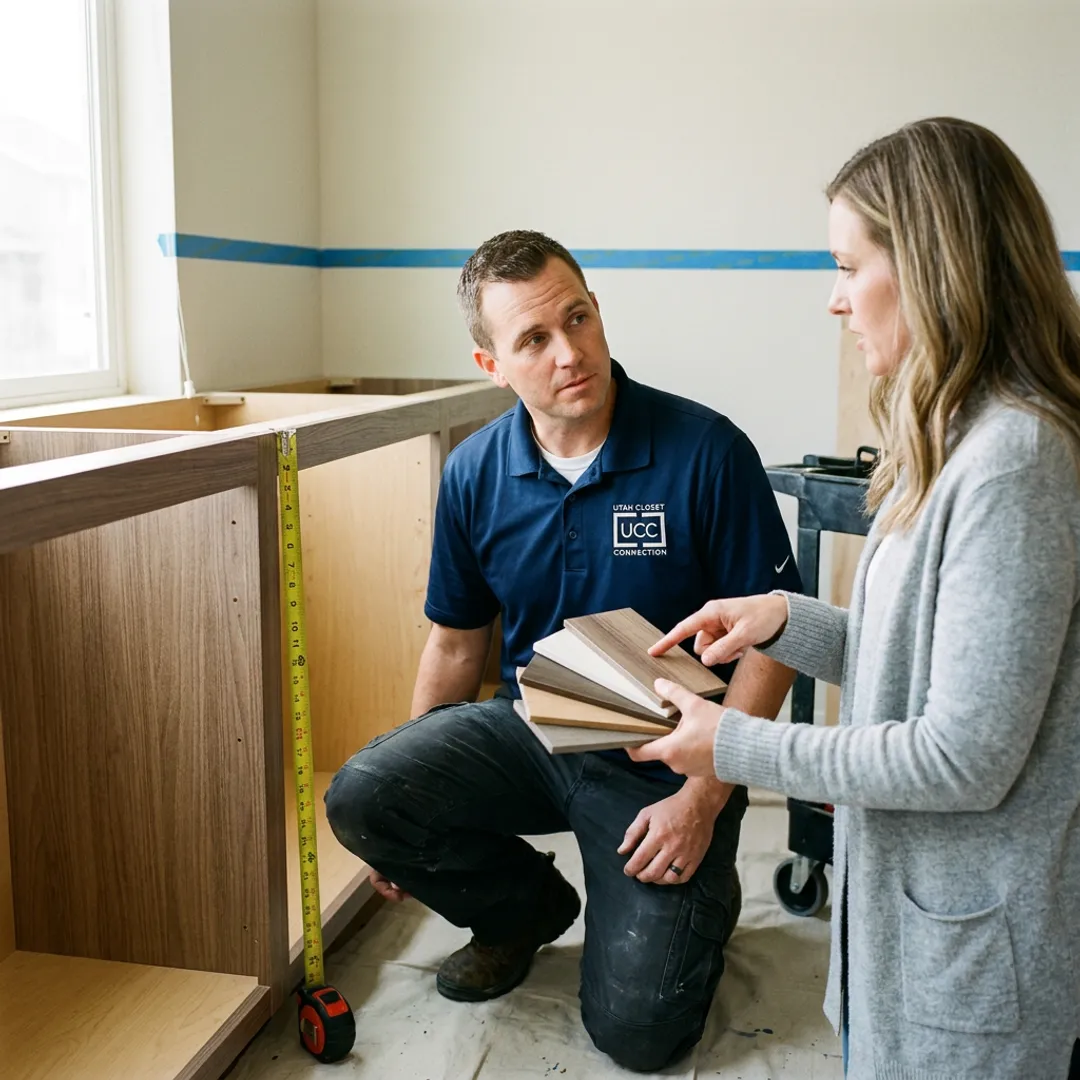Designer reviewing custom cabinet plans during installation