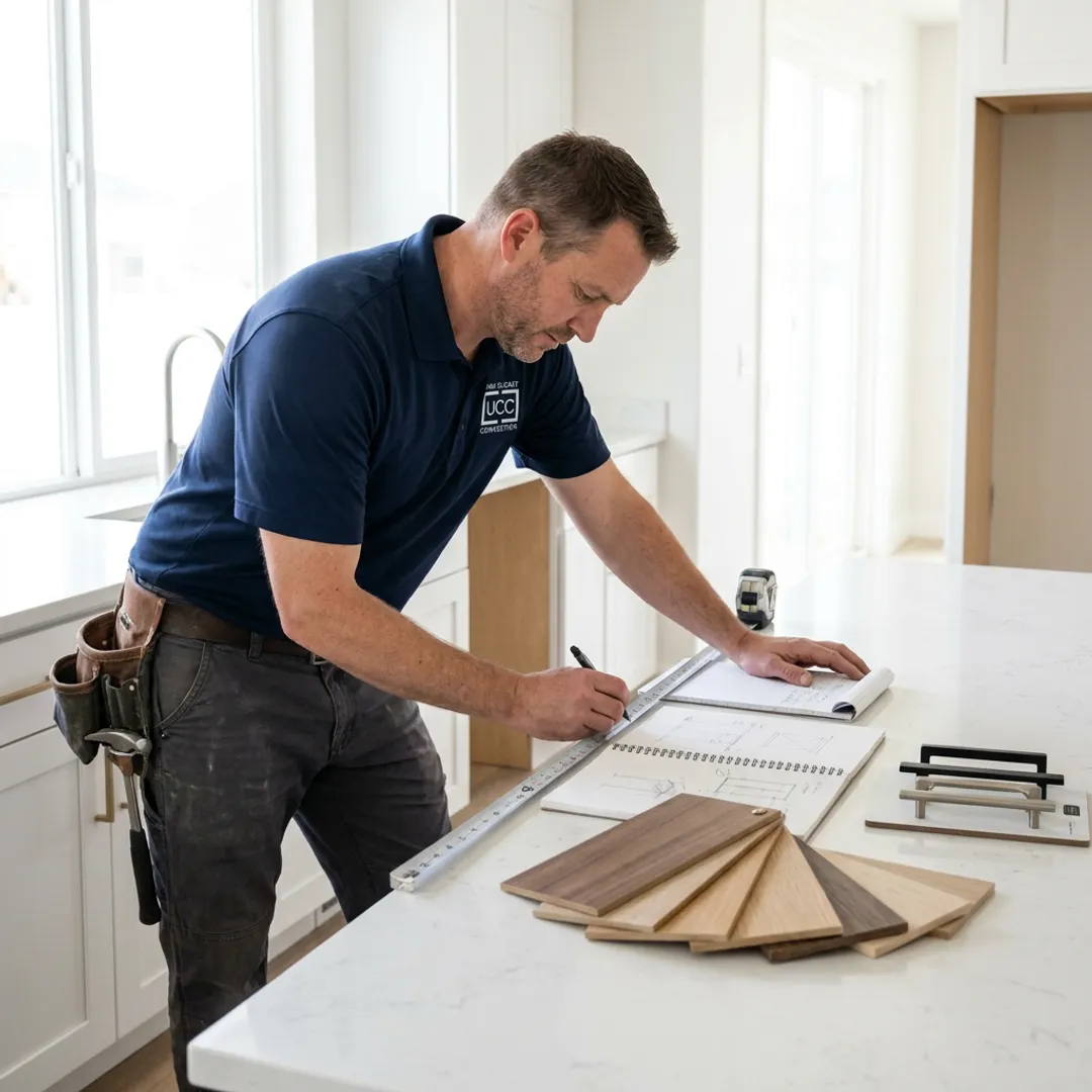 Designer reviewing modern kitchen cabinet plans