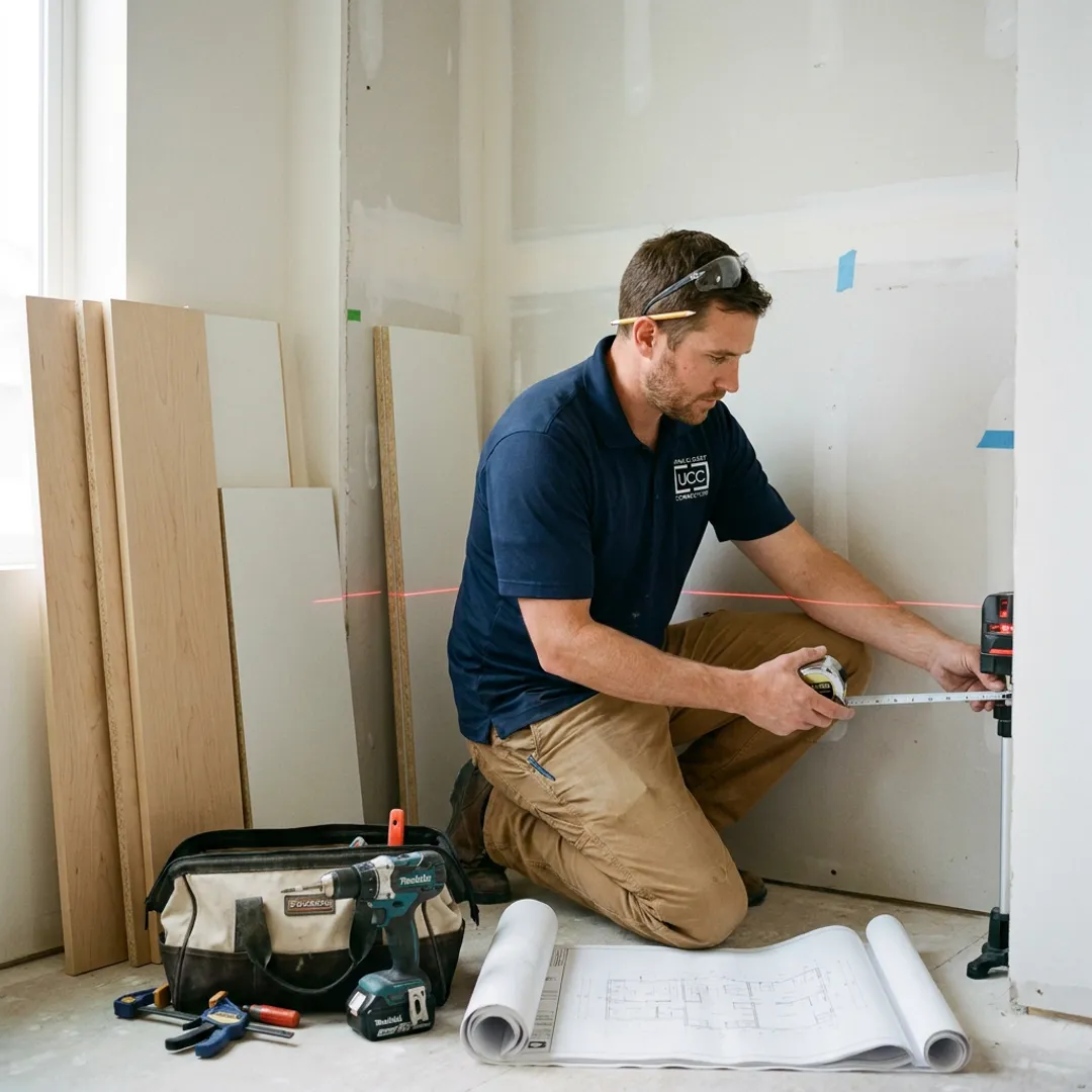 Cabinet installer measuring a custom built-in storage wall