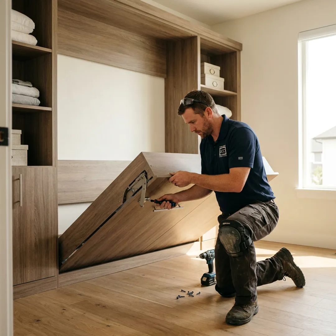Installer adjusting a custom Murphy bed cabinet