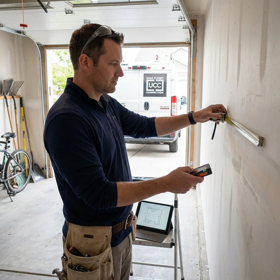 Installer measuring garage wall for custom storage cabinets