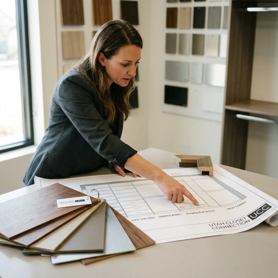 Designer reviewing plans for a custom men’s closet
