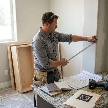 Cabinet installer measuring a kitchen wall