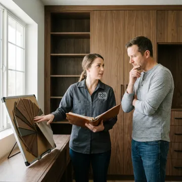 Designer reviewing custom cabinet plans with homeowner