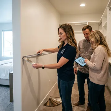 Designer measuring a walk-in closet for custom shelving