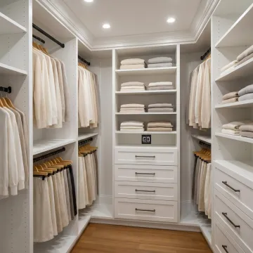 Modern custom walk-in closet with shelving and drawers