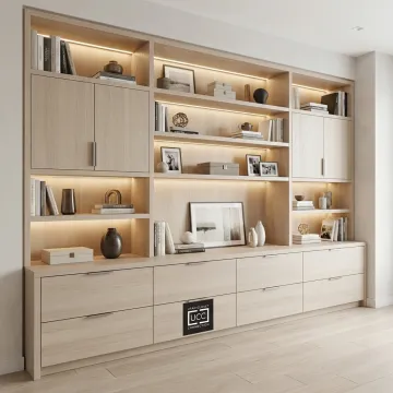 Custom built-in storage cabinets in an organized room